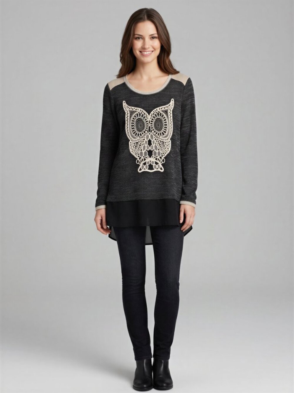 Avenue Owl Sweater Size 18/20 Women's Plus Charcoal Gray Cream Black
